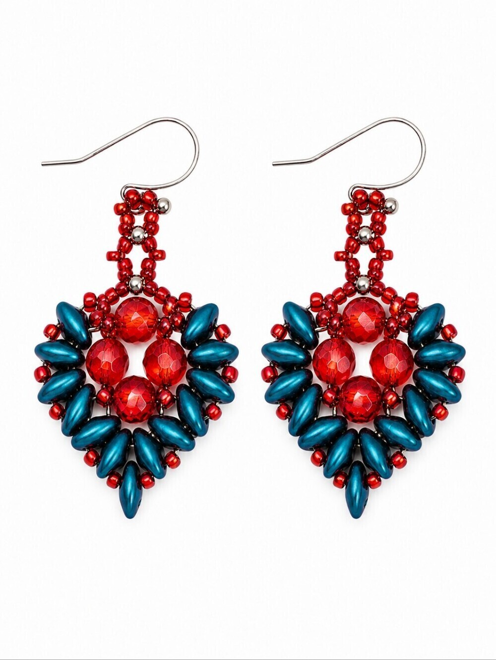 HANDMADE Czech Glass Agate Beadwoven Valentines Heart Dangle Earrings